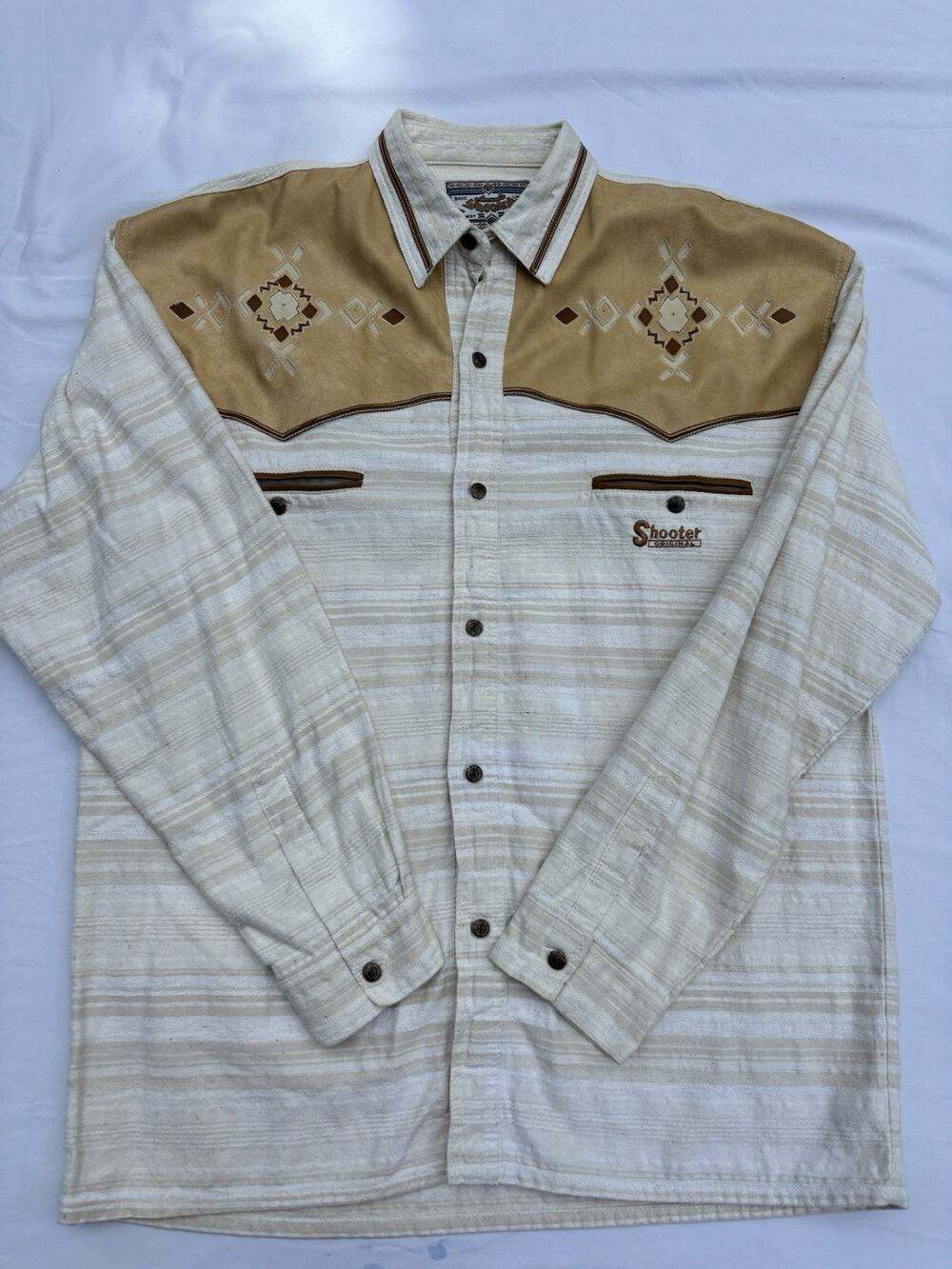 Vintage Shooter Leather Western Shirt Mens XL Aztec Southwestern Cowboy Button